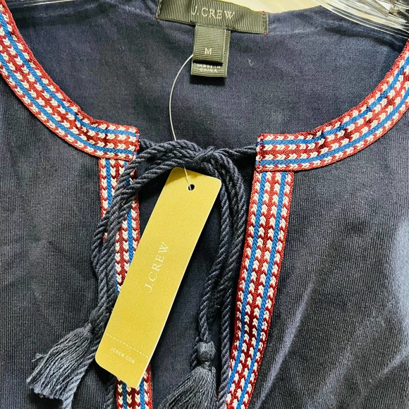 J. Crew Cotton Navy Multicolored Trim Sleeveless Tie Neck Top Size Medium NEW - Picture 3 of 9